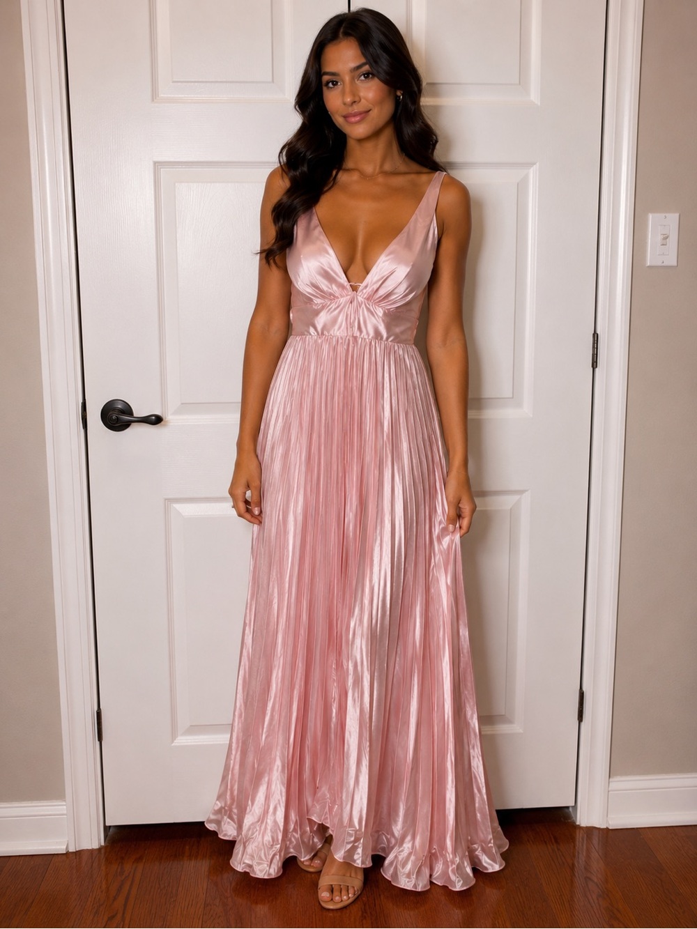 Pink Satin Pleated Midi Dress